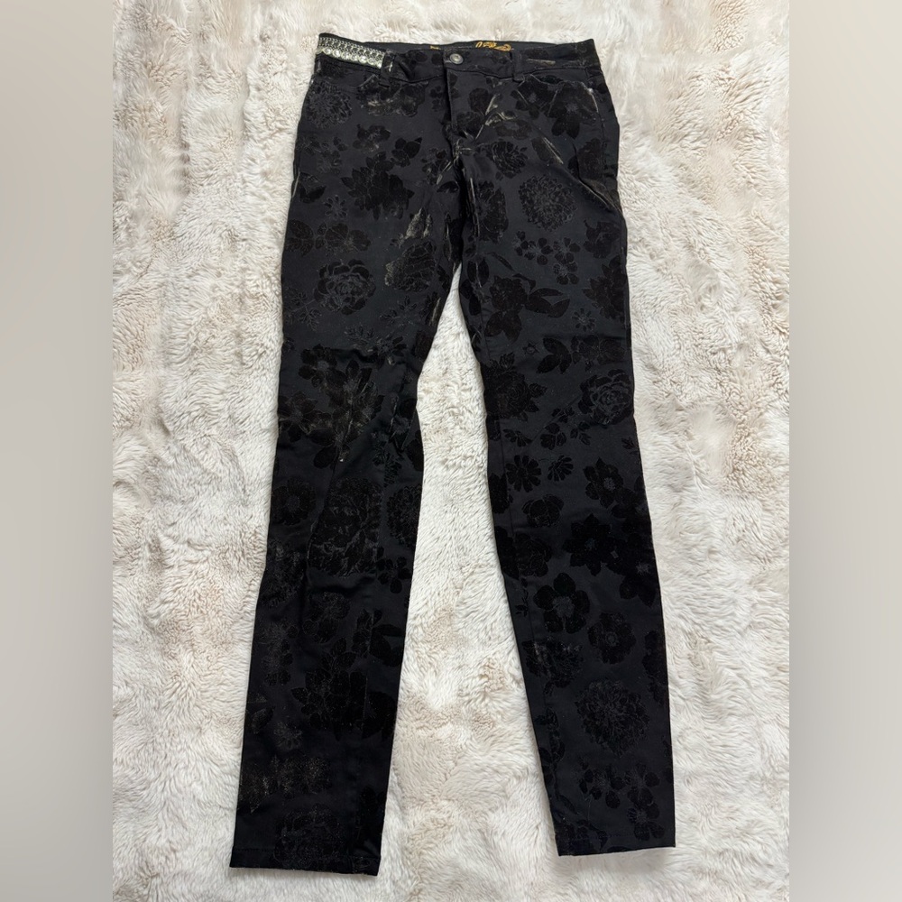 NWOT Desigual Black and Olive Velvet Floral Straight Pants - Picture 5 of 8